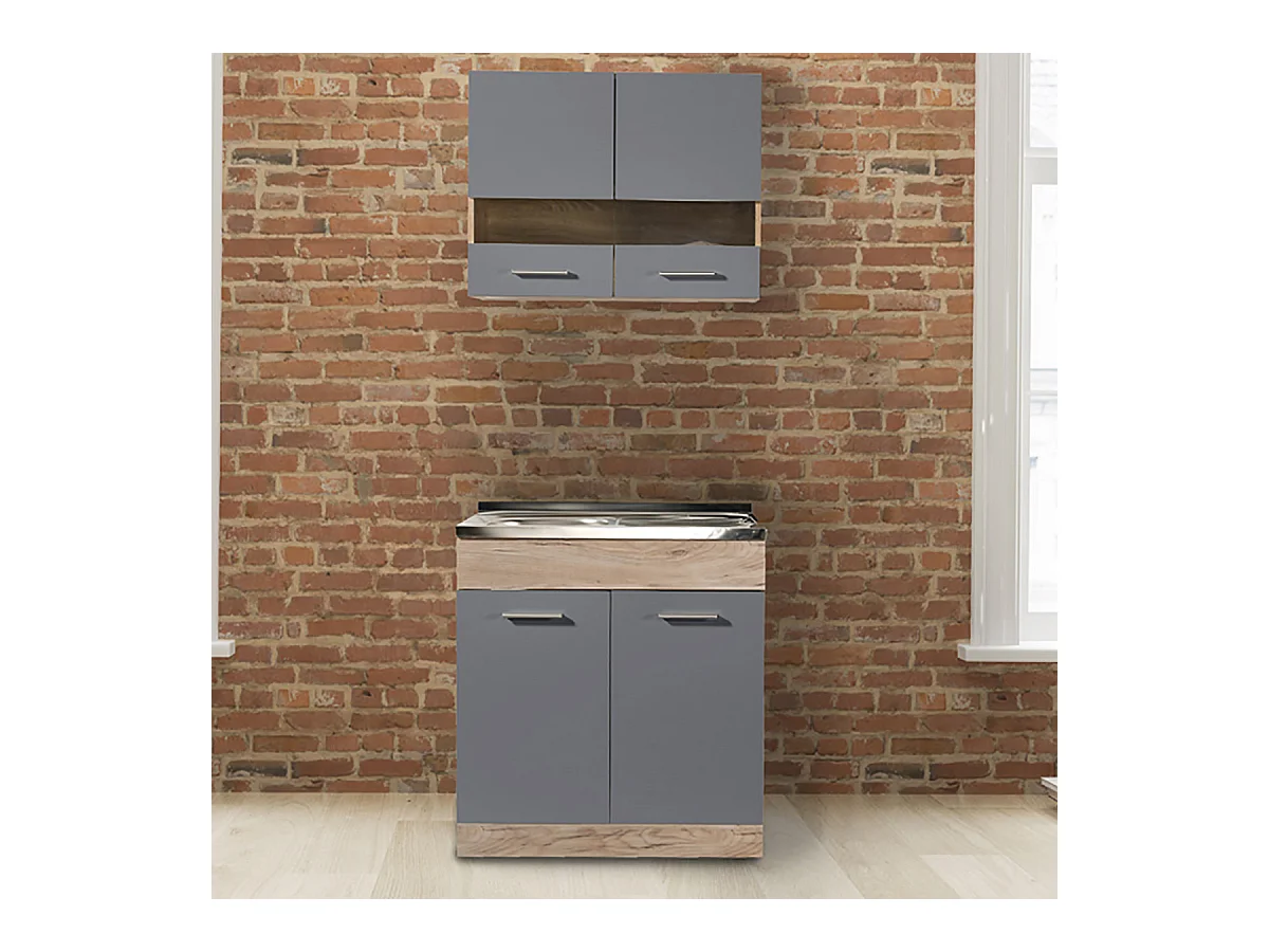 Cuisine 2 éléments couleur chêne/gris- Longueur 80 x Profondeur 51.6 x Hauteur 206.5 cm
