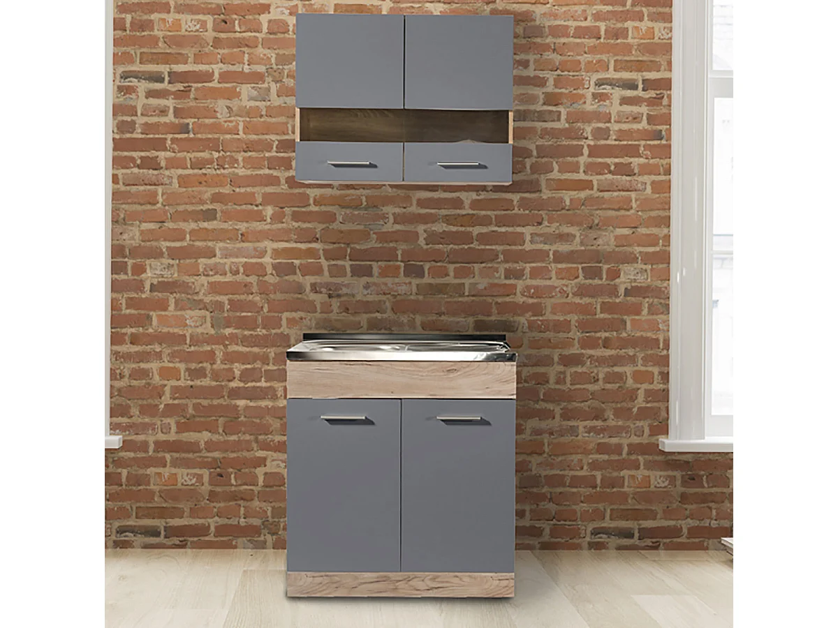 Cuisine 2 éléments couleur chêne/gris- Longueur 80 x Profondeur 51.6 x Hauteur 206.5 cm