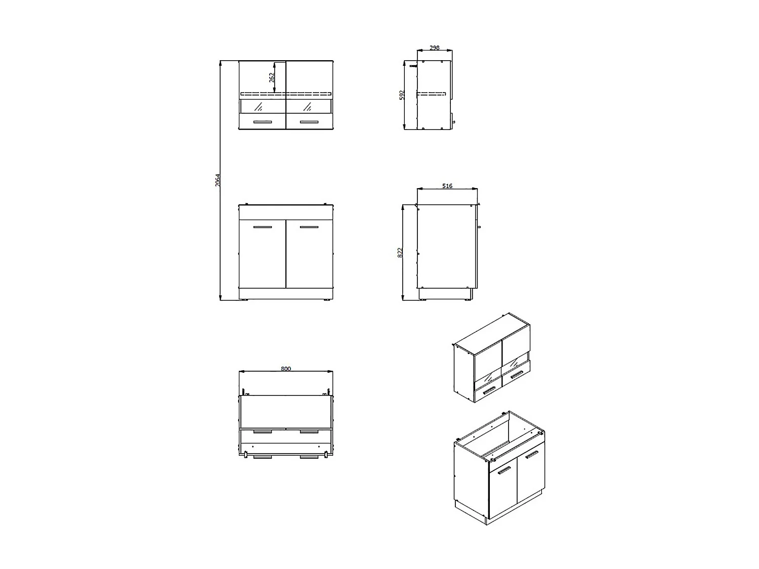 Cuisine 2 éléments couleur chêne/gris- Longueur 80 x Profondeur 51.6 x Hauteur 206.5 cm