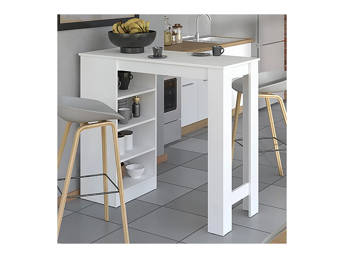 Table haute, table de bar avec rangements couleur blanc - Longueur 120 x profondeur 50 x hauteur 105 cm