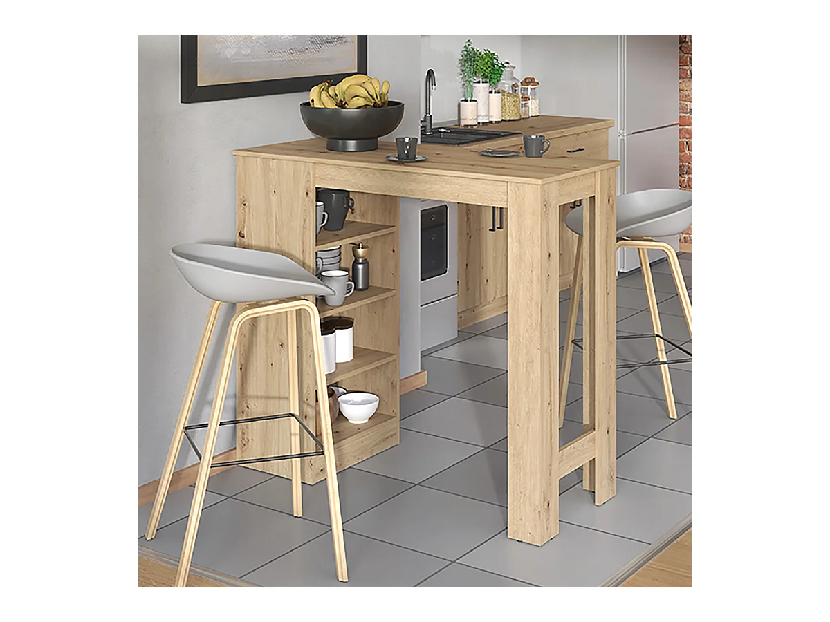 Table haute, table de bar avec rangements couleur chêne artisan - Longueur 120 x profondeur 50 x hauteur 105 cm