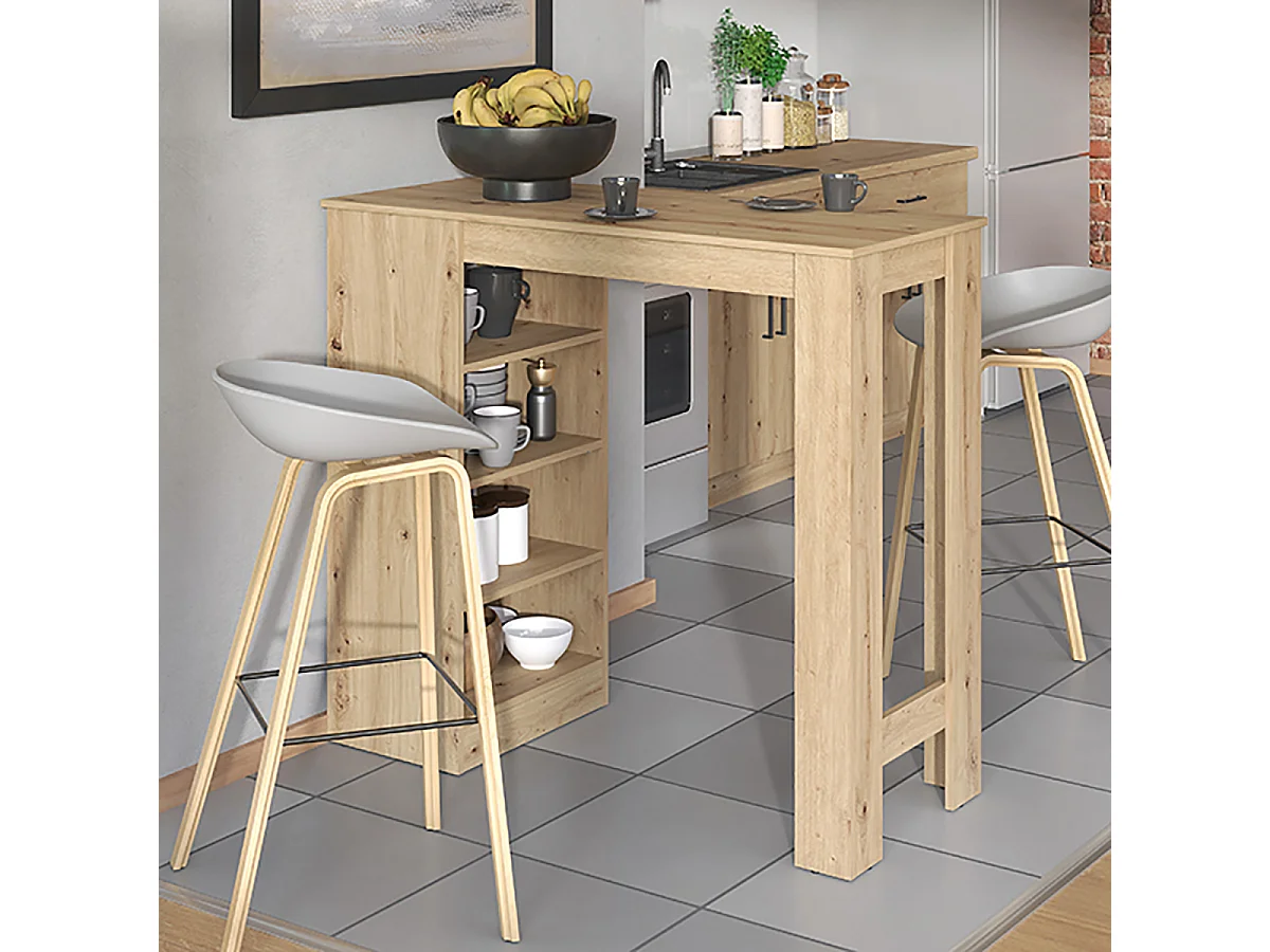 Table haute, table de bar avec rangements couleur chêne artisan - Longueur 120 x profondeur 50 x hauteur 105 cm