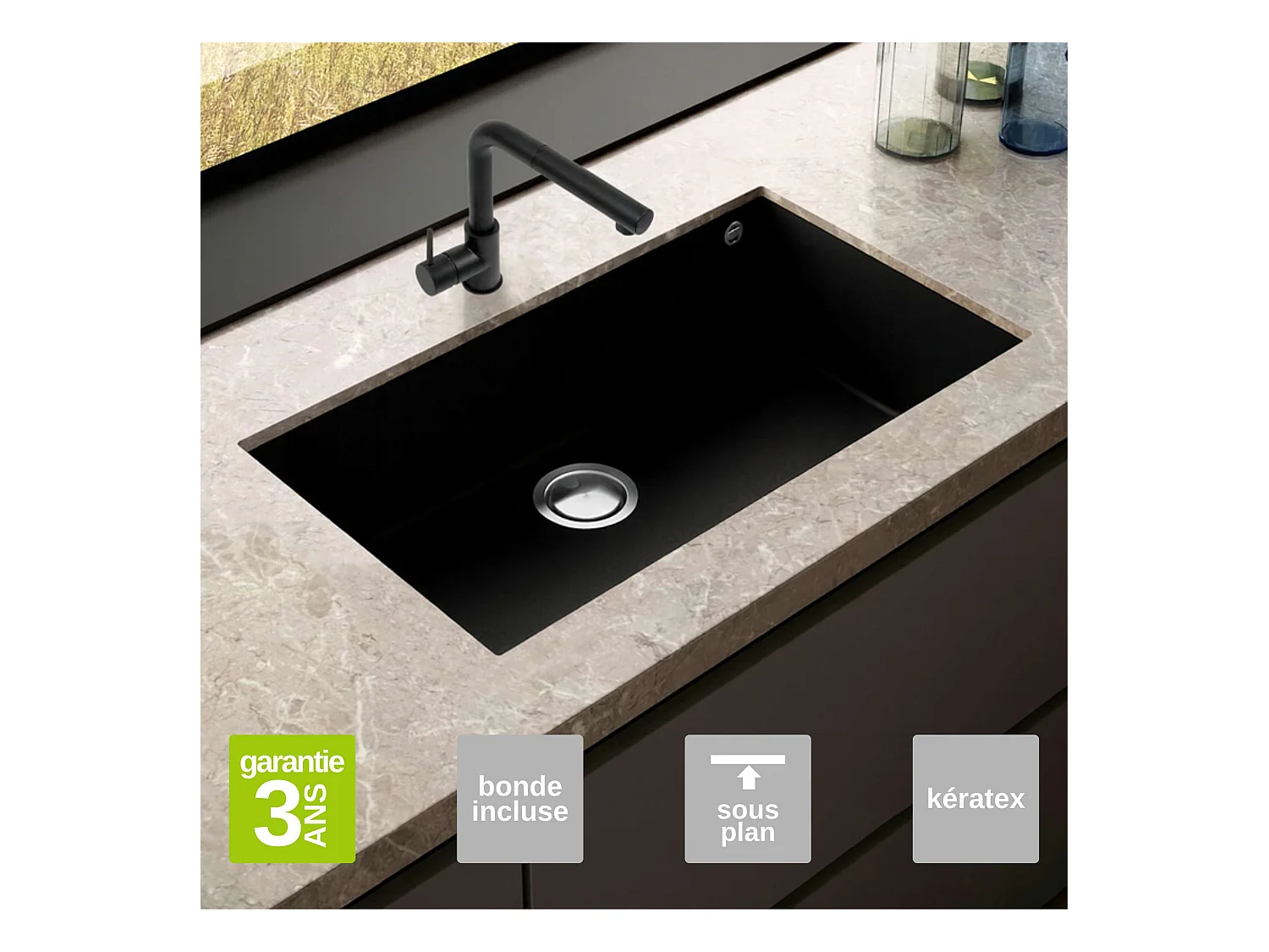 Évier sous-plan 1 Cuve 50x40x20cm R5mm - Quartz Noir Mat -  Kera BE FRÉCAN
