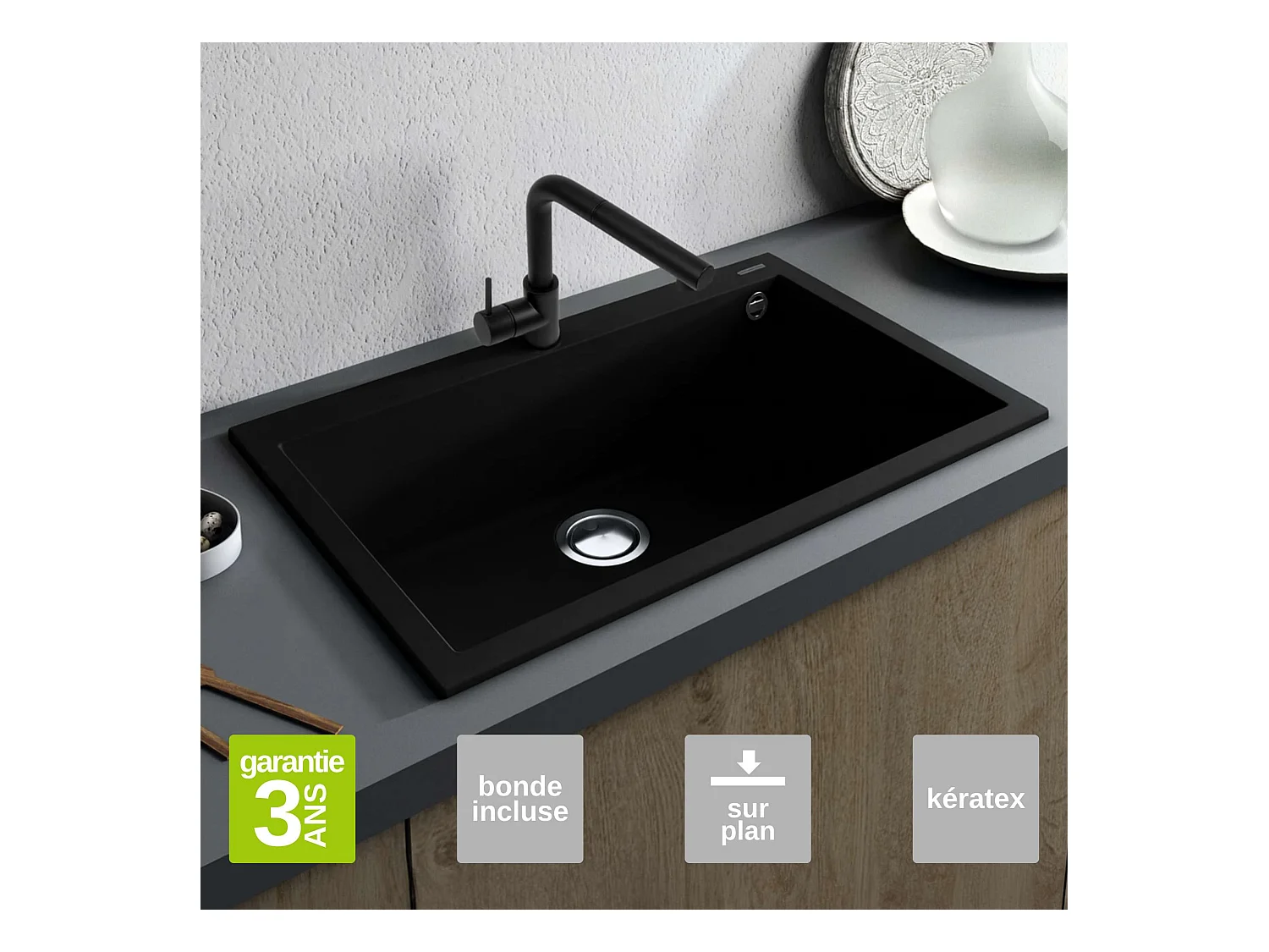 Évier à encastrer 1 Cuve 50x40x20cm - Quartz Noir Mat -  Kera SE FRÉCAN