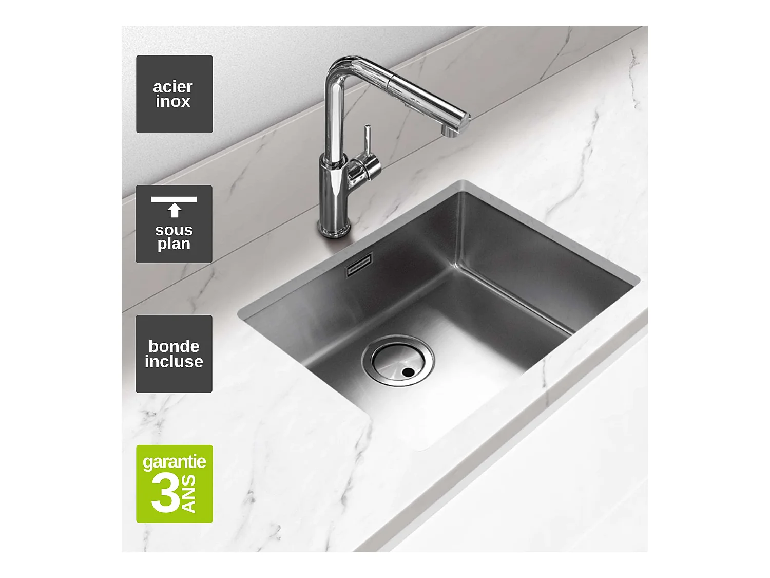 Évier sous-plan 1 Cuve 40x40x20cm R25mm - Acier inox 18/10 -  ZN Top FRÉCAN