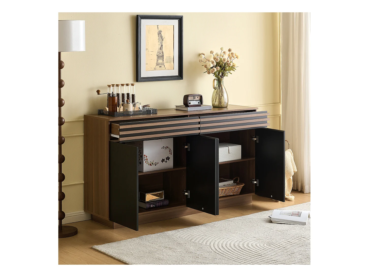 Buffet moderne 150x40x85 cm - 2 tiroirs et 4 portes - aspect bois - MDF - Noir + Marron