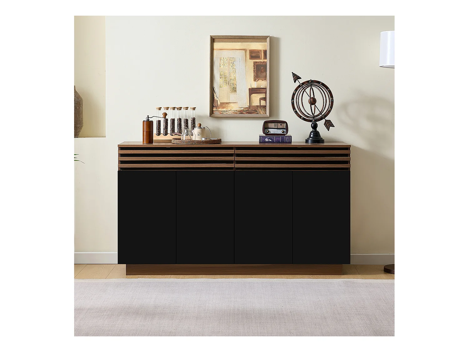 Buffet moderne 150x40x85 cm - 2 tiroirs et 4 portes - aspect bois - MDF - Noir + Marron