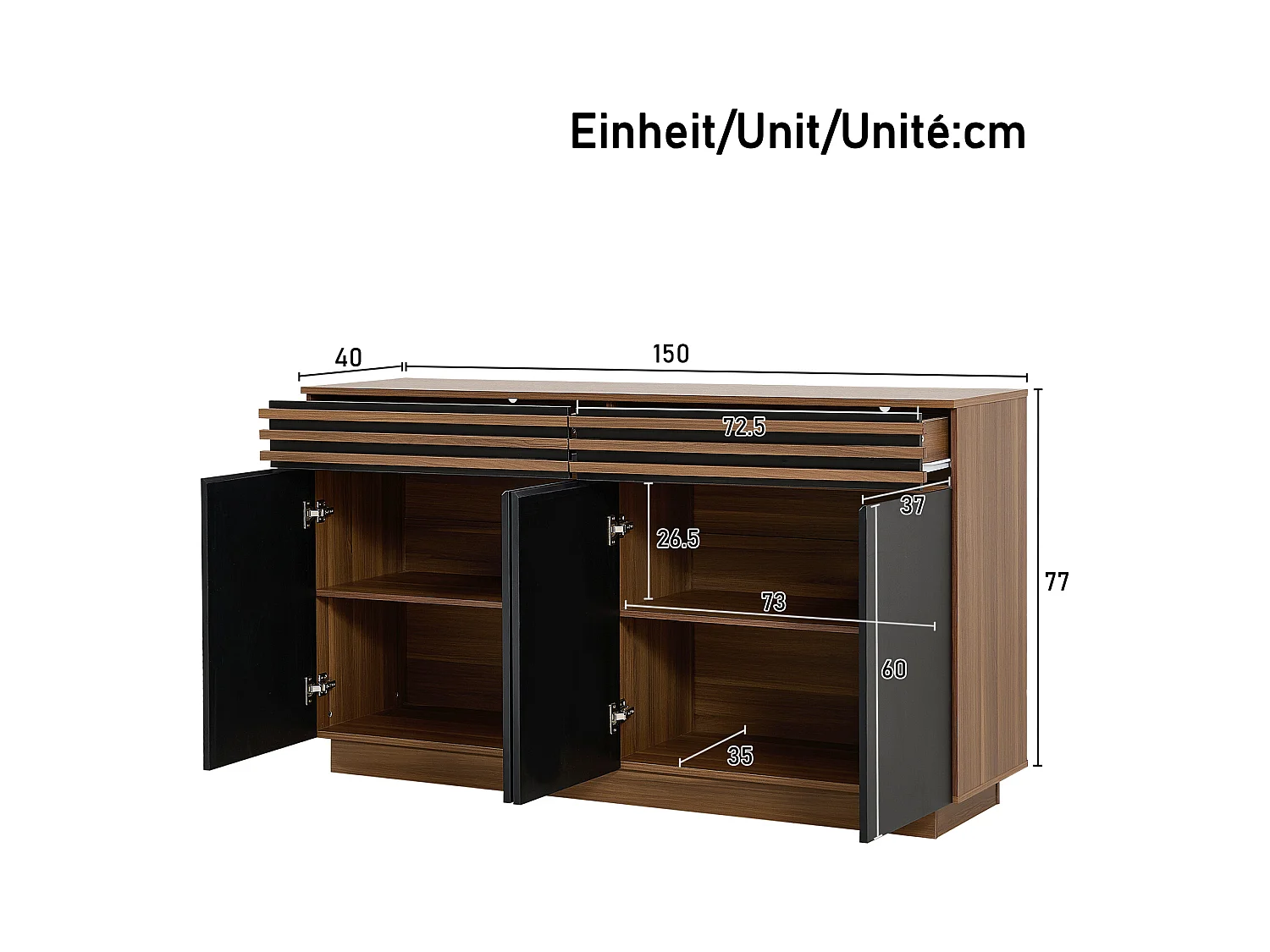Buffet moderne 150x40x85 cm - 2 tiroirs et 4 portes - aspect bois - MDF - Noir + Marron