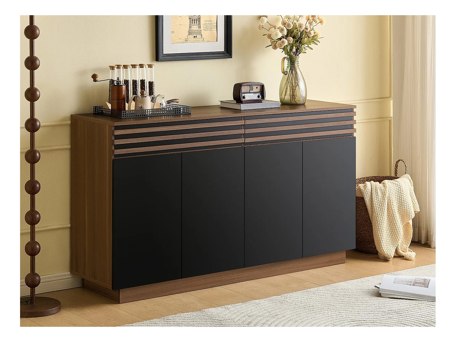 Nowoczesny bufet 150x40x85 cm - 2 szuflady i 4 drzwi - wygląd drewna - MDF - Czarny + Brązowy