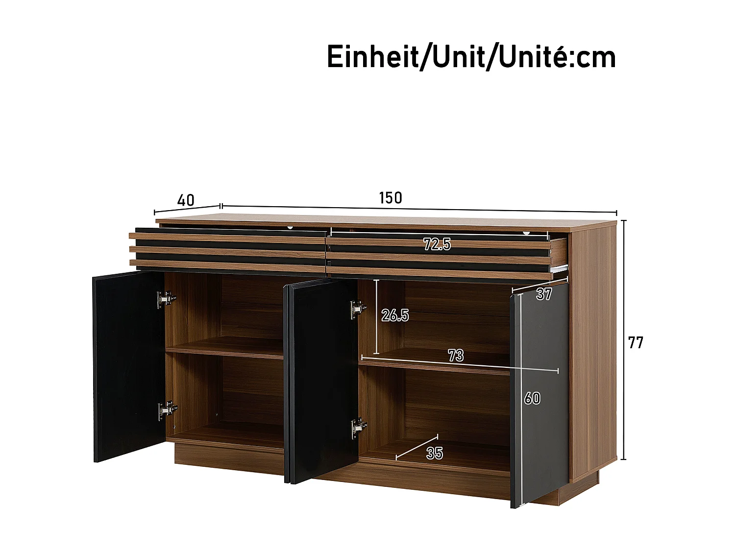 Moderne Anrichte 150x40x85 cm - 2 Schubladen und 4 Türen - Holzoptik - MDF - Schwarz + Braun