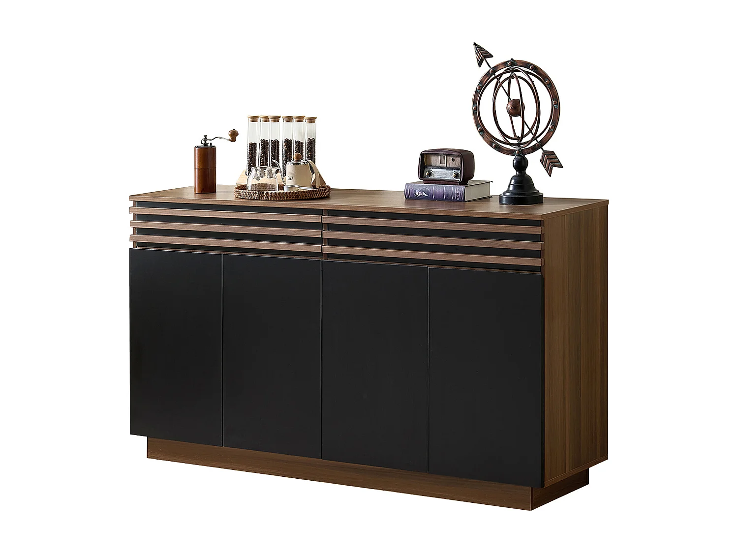 Moderne Anrichte 150x40x85 cm - 2 Schubladen und 4 Türen - Holzoptik - MDF - Schwarz + Braun