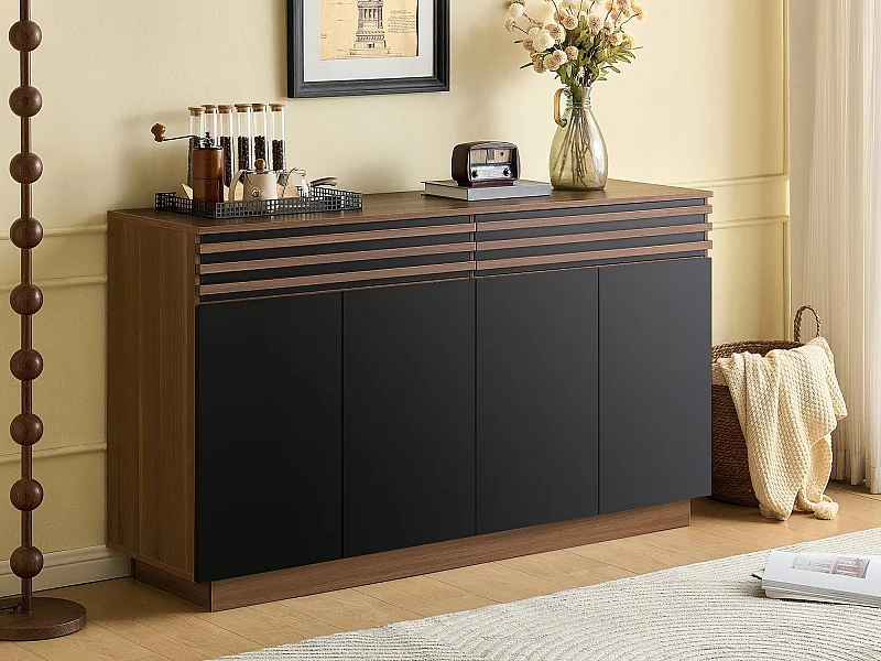Buffet moderne 150x40x85 cm - 2 tiroirs et 4 portes - aspect bois - MDF - Noir + Marron