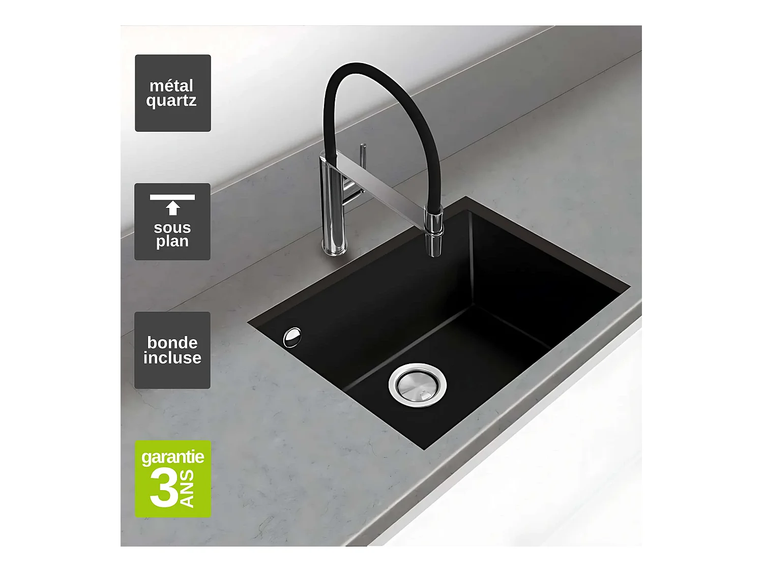 Évier sous-plan 1 Cuve 49x40x20cm R5mm - Quartz Noir Mat -  Quadra BE FRÉCAN