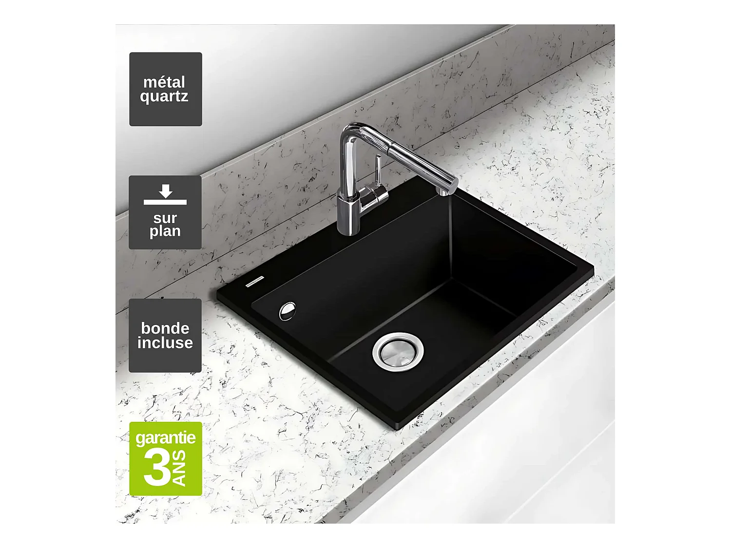 Évier à encastrer 1 Cuve 69x40x20cm - Quartz Noir Mat -  Quadra SE FRÉCAN