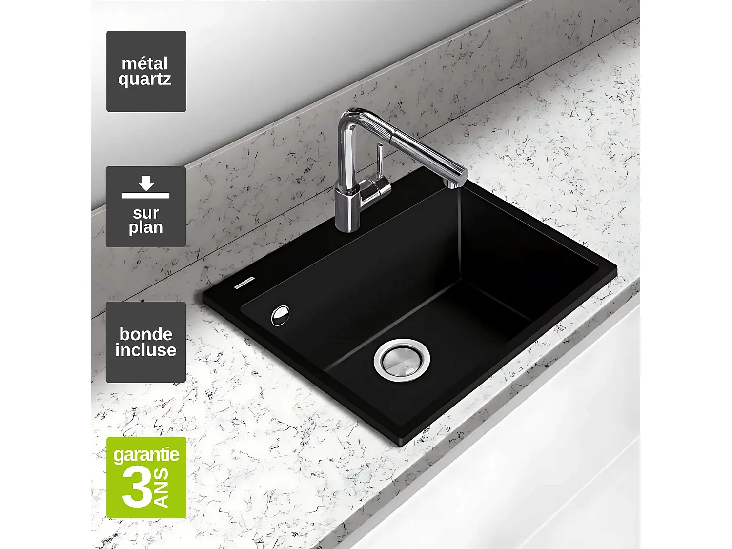 Évier à encastrer 1 Cuve 69x40x20cm - Quartz Noir Mat -  Quadra SE FRÉCAN