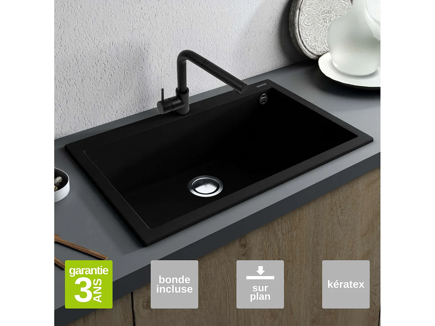 Évier à encastrer 1 Cuve 72x40x20cm - Quartz Noir Mat -  Kera SE FRÉCAN