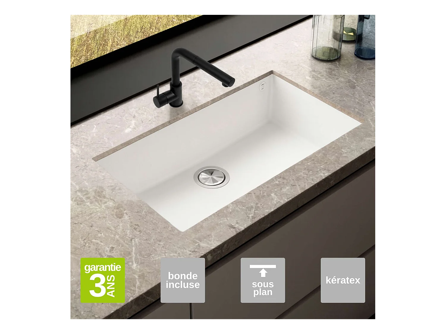 Évier sous-plan 1 Cuve 72x40x20cm R5mm - Quartz Blanc -  Kera BE FRÉCAN