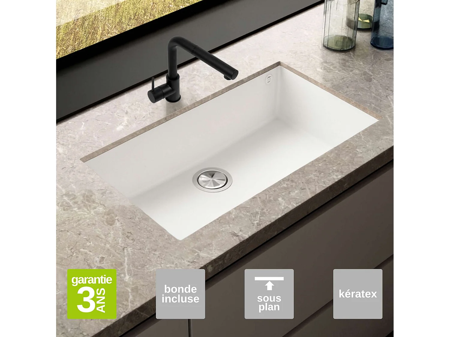 Évier sous-plan 1 Cuve 72x40x20cm R5mm - Quartz Blanc -  Kera BE FRÉCAN