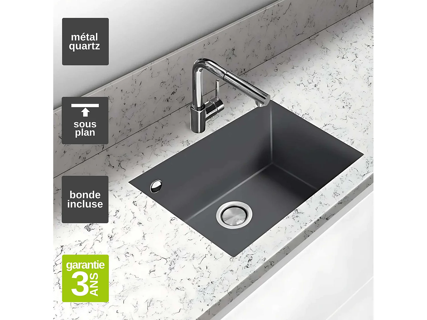 Évier sous-plan 1 Cuve 49x40x20cm R5mm - Quartz Concrete -  Quadra BE FRÉCAN