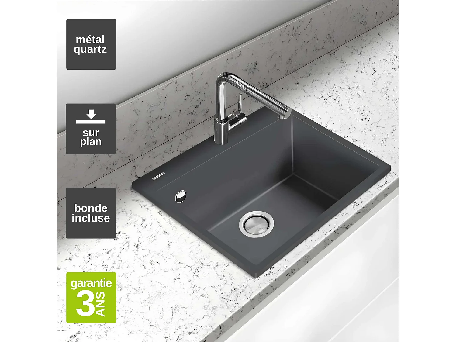 Évier à encastrer 1 Cuve 69x40x20cm - Quartz Concrete -  Quadra SE FRÉCAN