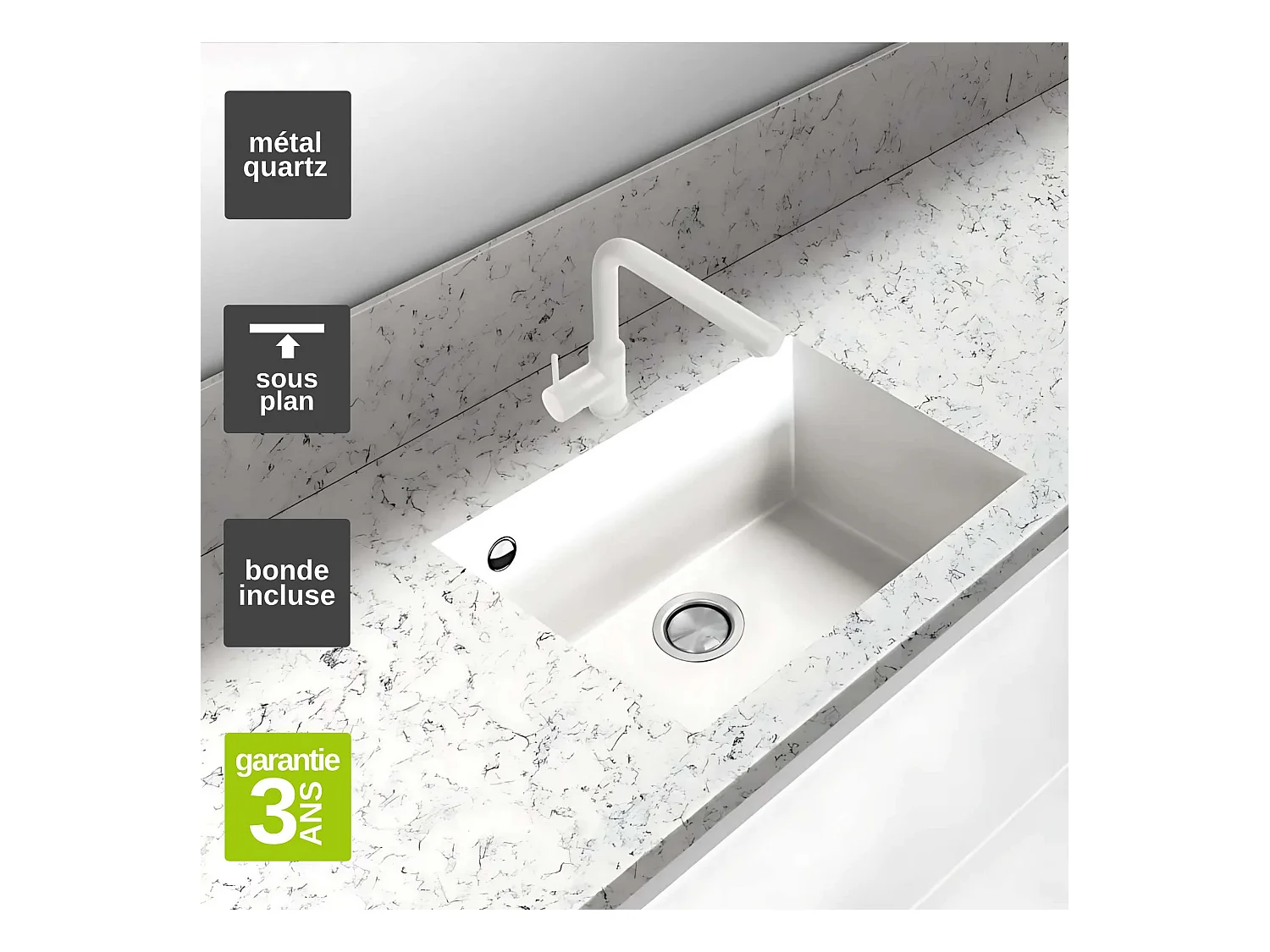 Évier sous-plan 1 Cuve 49x40x20cm R5 mm - Quartz Blanc -  Quadra BE FRÉCAN