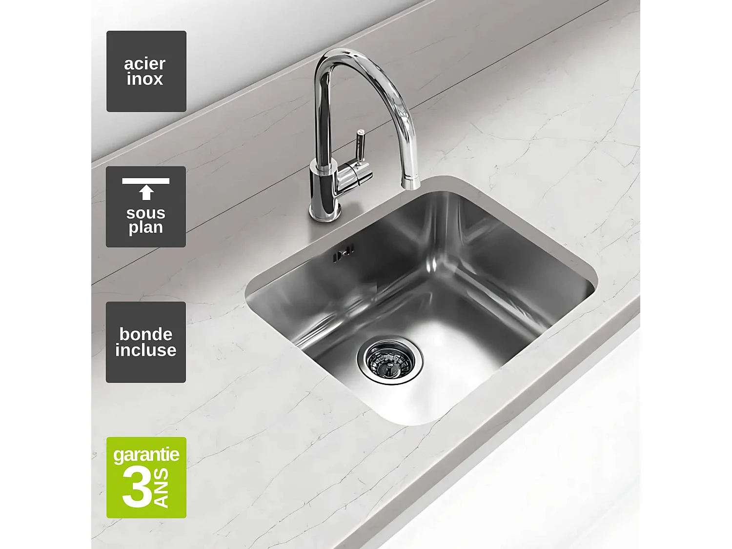 Évier sous-plan 1 Cuve 50x40x18cm R65mm - Acier inox 18/10 -  ONIX FRÉCAN
