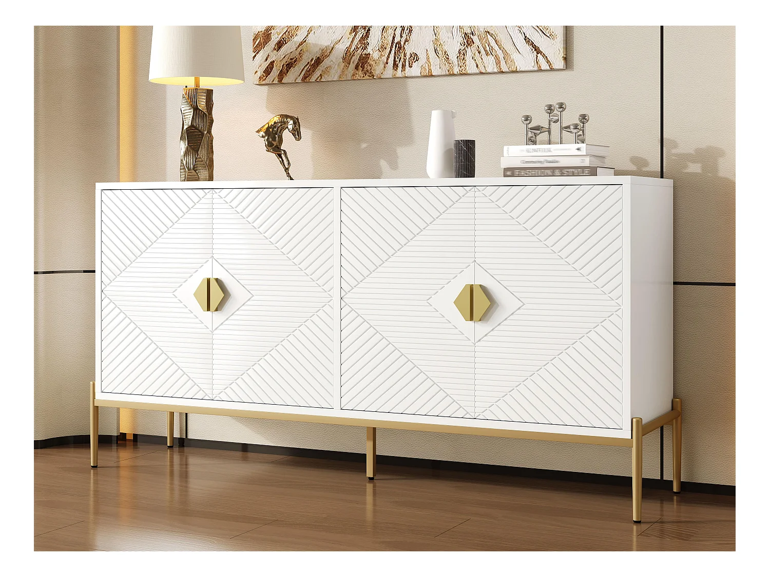 Buffet moderne 162x40x80 cm - avec 4 portes - Pieds en métal - MDF + panneaux de particules - Blanc
