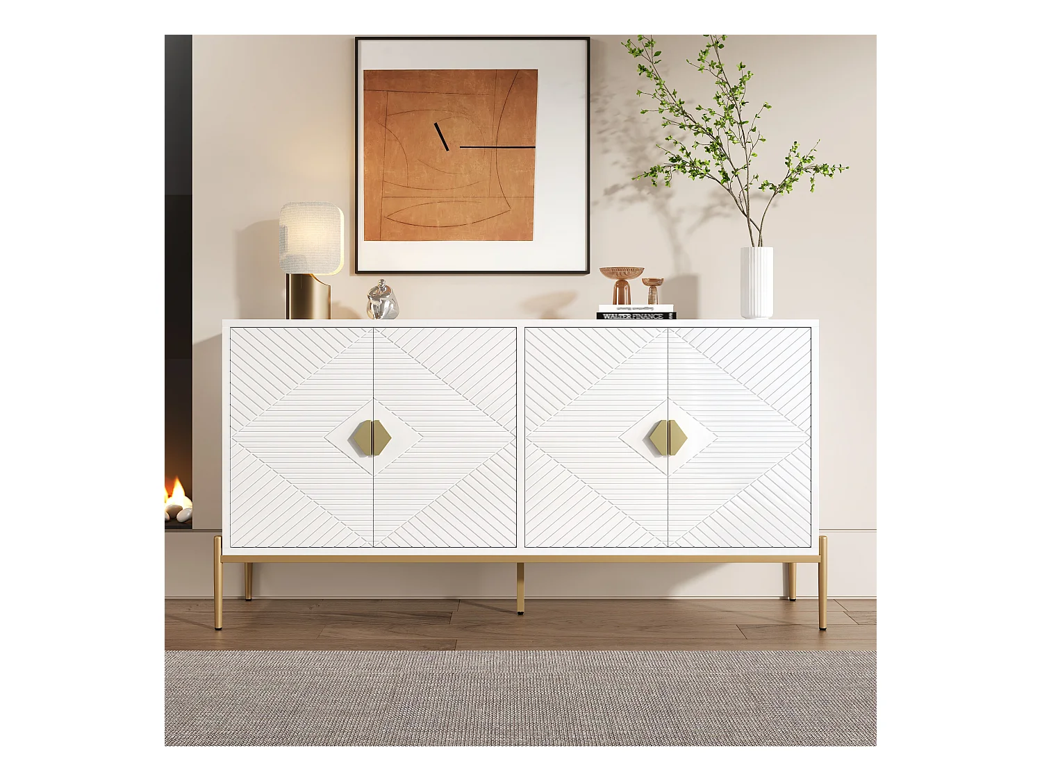 Buffet moderne 162x40x80 cm - avec 4 portes - Pieds en métal - MDF + panneaux de particules - Blanc