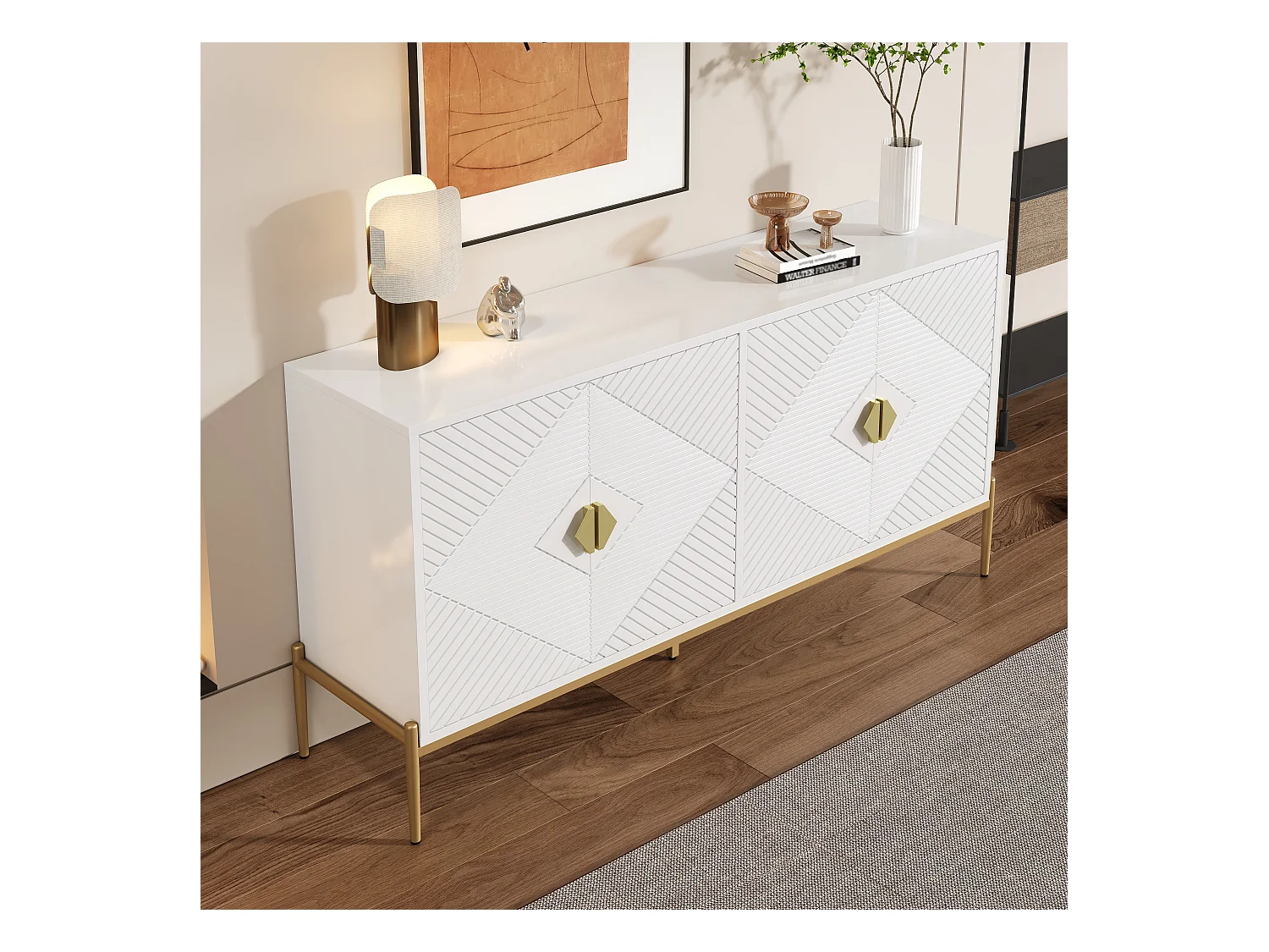 Buffet moderne 162x40x80 cm - avec 4 portes - Pieds en métal - MDF + panneaux de particules - Blanc