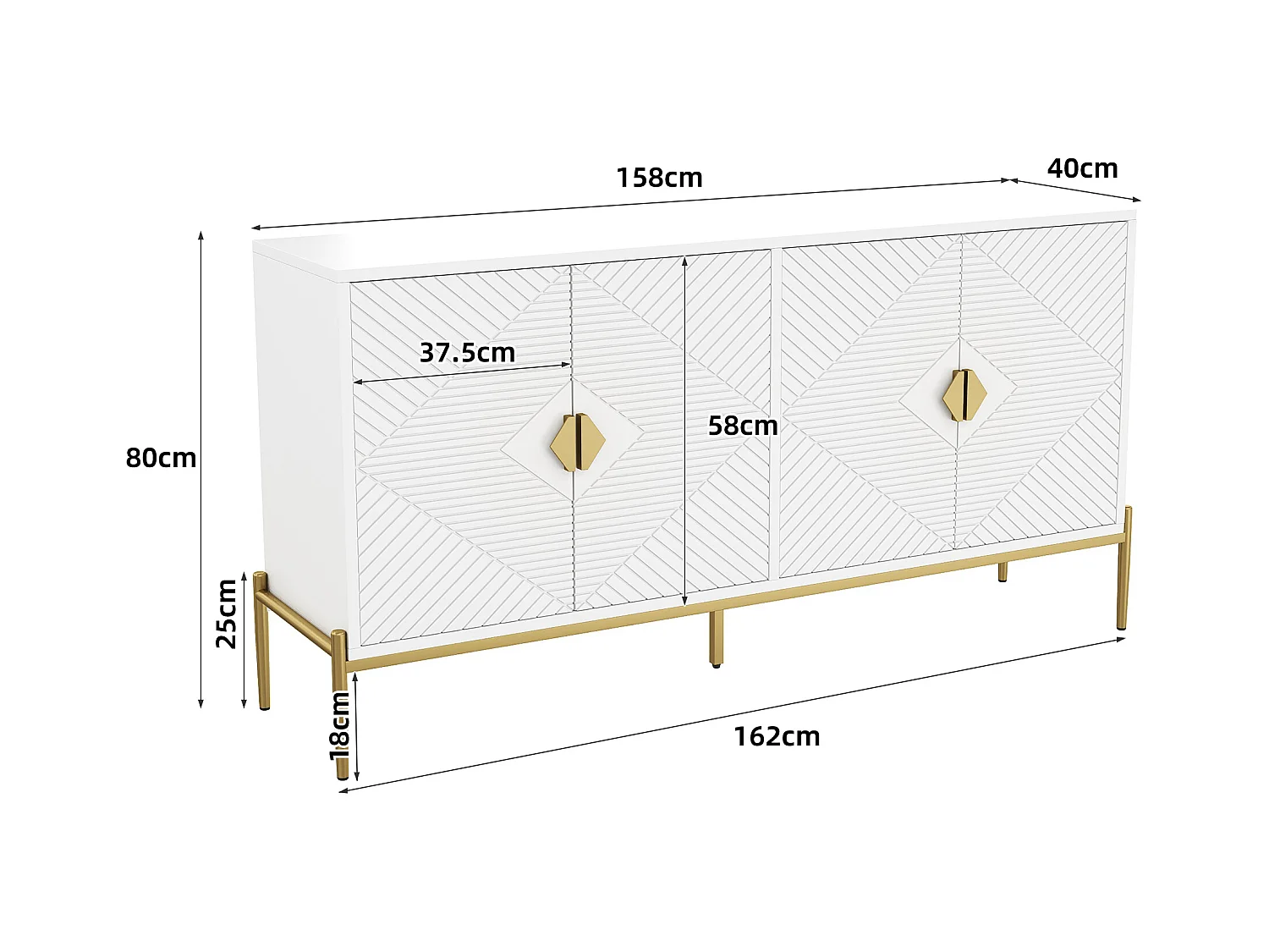 Buffet moderne 162x40x80 cm - avec 4 portes - Pieds en métal - MDF + panneaux de particules - Blanc