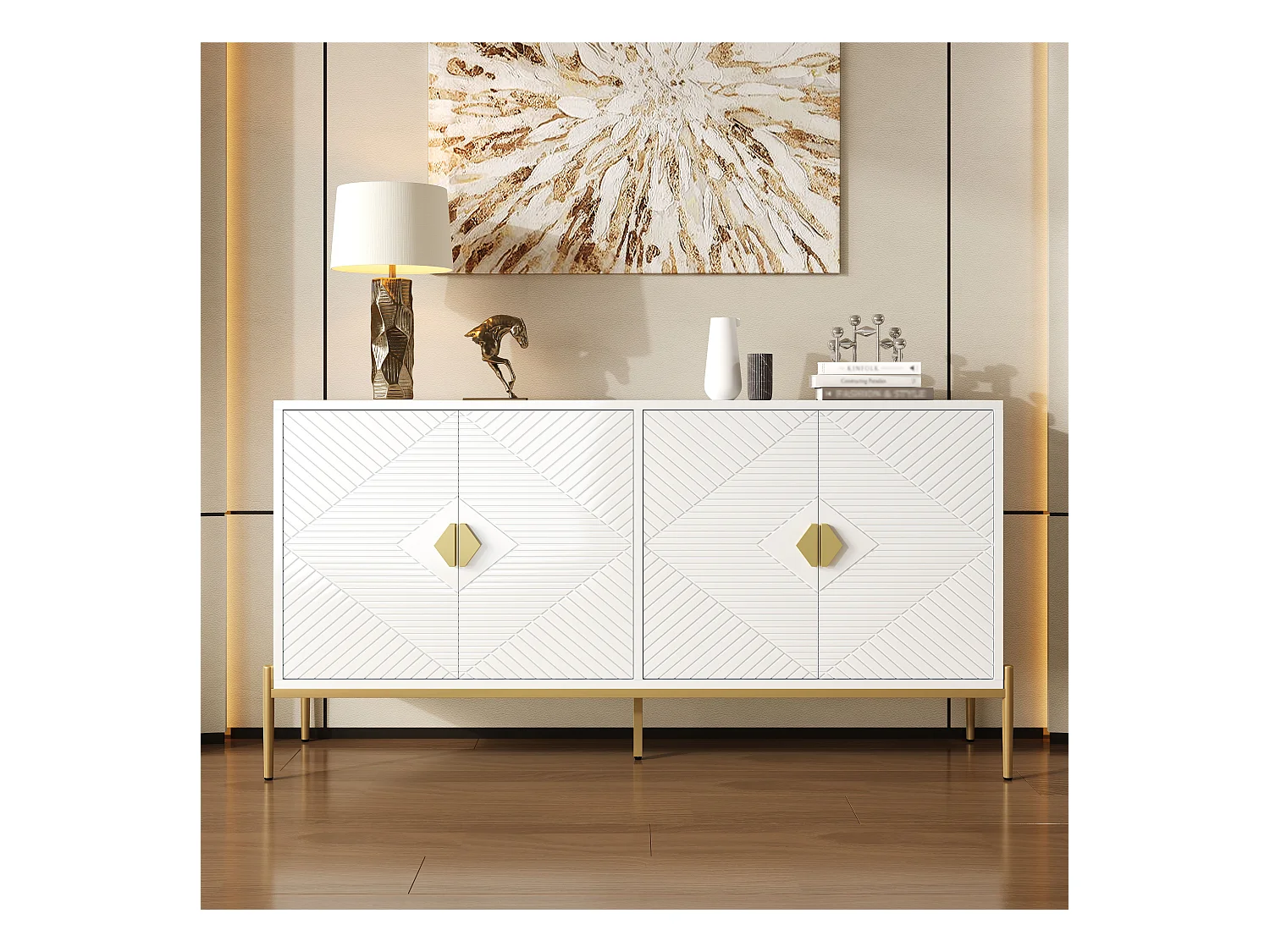 Buffet moderne 162x40x80 cm - avec 4 portes - Pieds en métal - MDF + panneaux de particules - Blanc