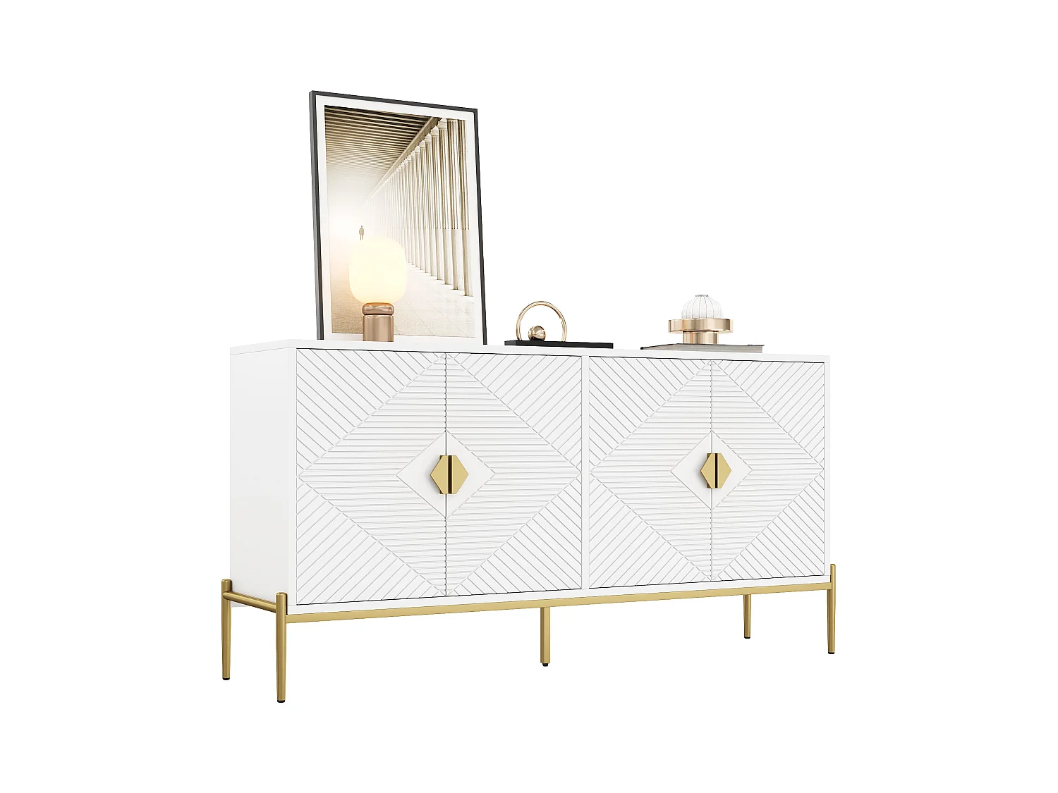 Buffet moderne 162x40x80 cm - avec 4 portes - Pieds en métal - MDF + panneaux de particules - Blanc