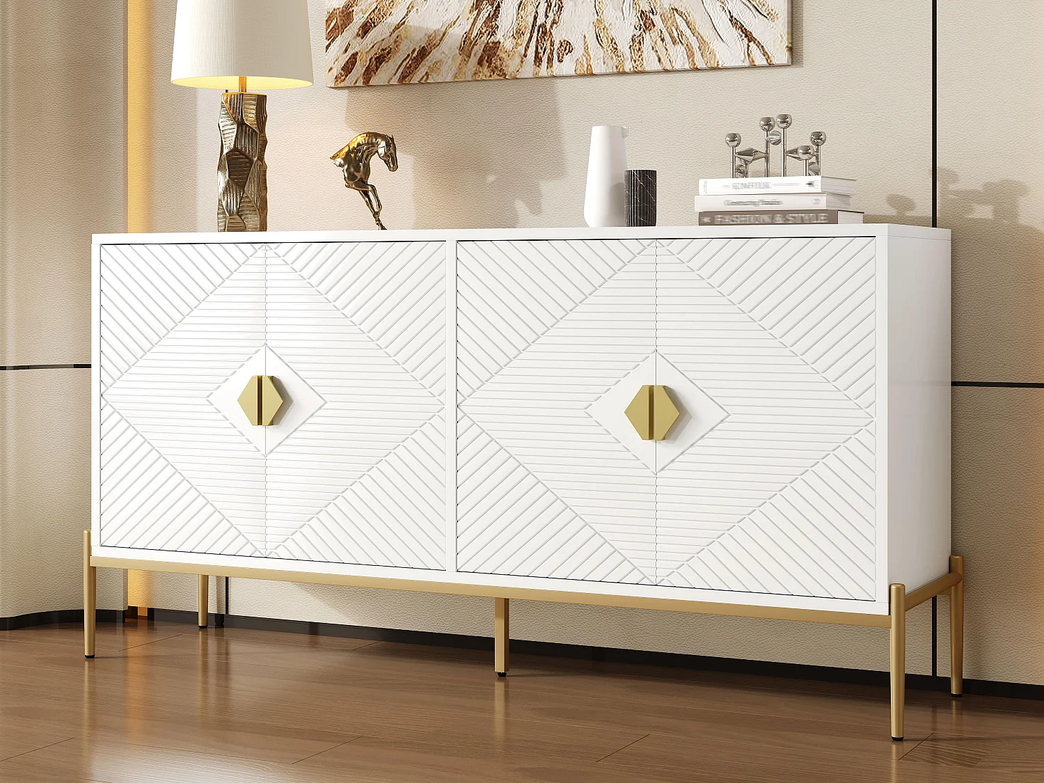 Moderne Anrichte 162x40x80 cm - mit 4 Türen - Metallfüße - MDF + Spanplatten - Weiß