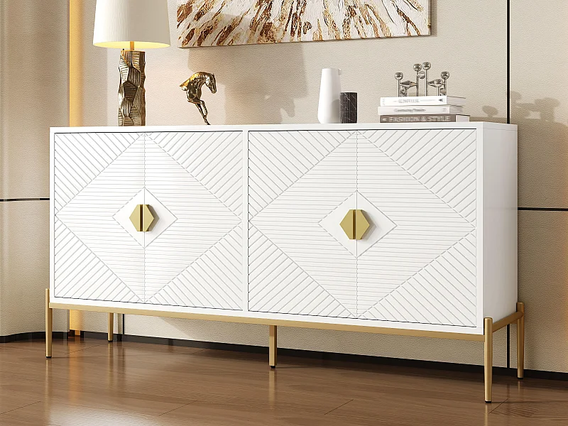Buffet moderne 162x40x80 cm - avec 4 portes - Pieds en métal - MDF + panneaux de particules - Blanc