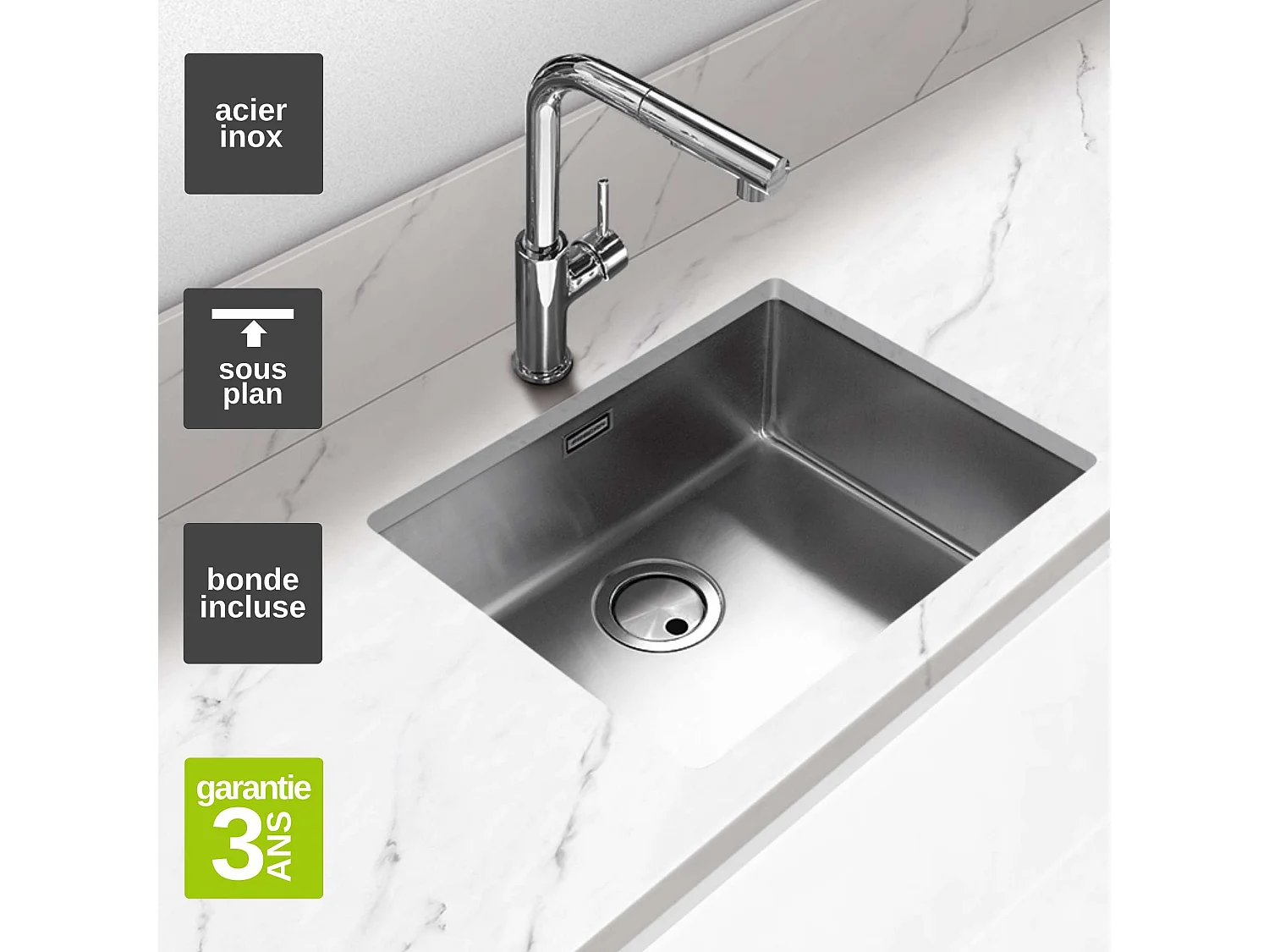 Évier sous-plan 1 Cuve 45x40x20cm R25mm - Acier inox 18/10 -  ZN Top FRÉCAN