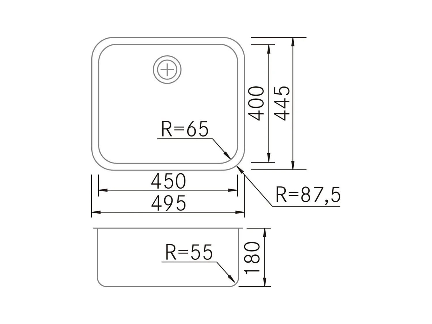 Évier sous-plan 1 Cuve 45x40x18cm R65mm - Acier inox 18/10 -  ONIX FRÉCAN