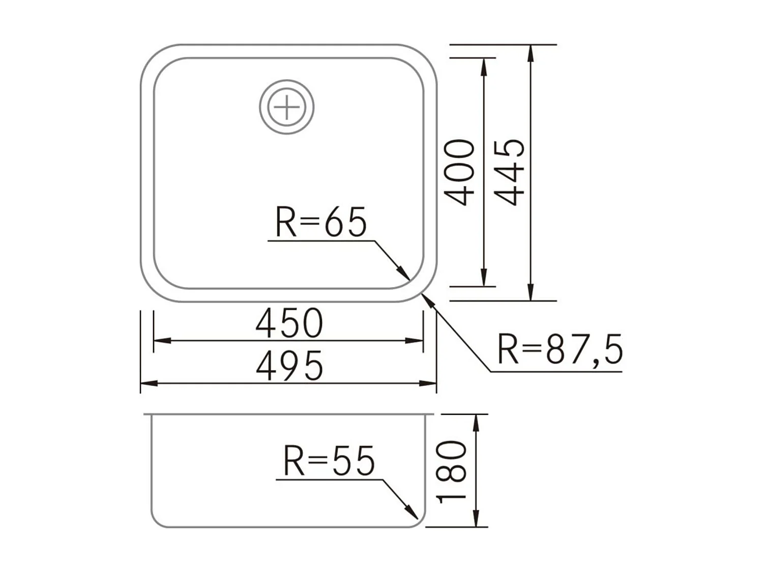 Évier sous-plan 1 Cuve 45x40x18cm R65mm - Acier inox 18/10 -  ONIX FRÉCAN