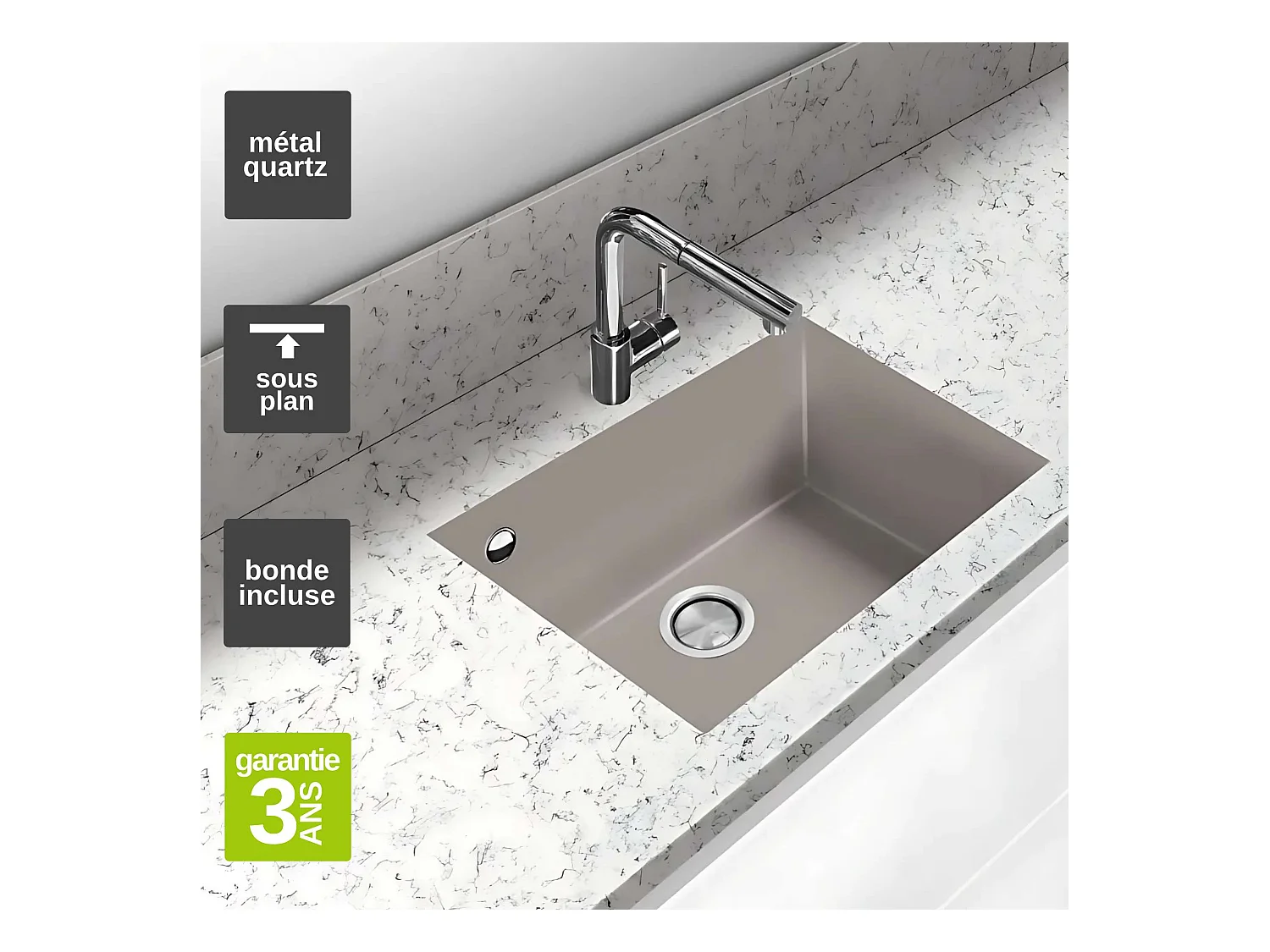 Évier sous-plan 1 Cuve 69x40x20cm R5mm - Quartz Tartufe -  Quadra BE FRÉCAN