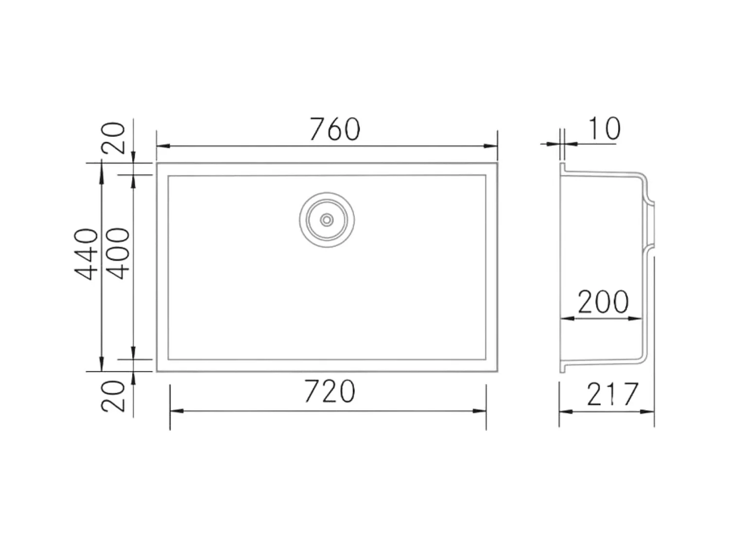 Évier sous-plan 1 Cuve 72x40x20cm R5mm - Quartz Noir Mat -  Kera BE FRÉCAN