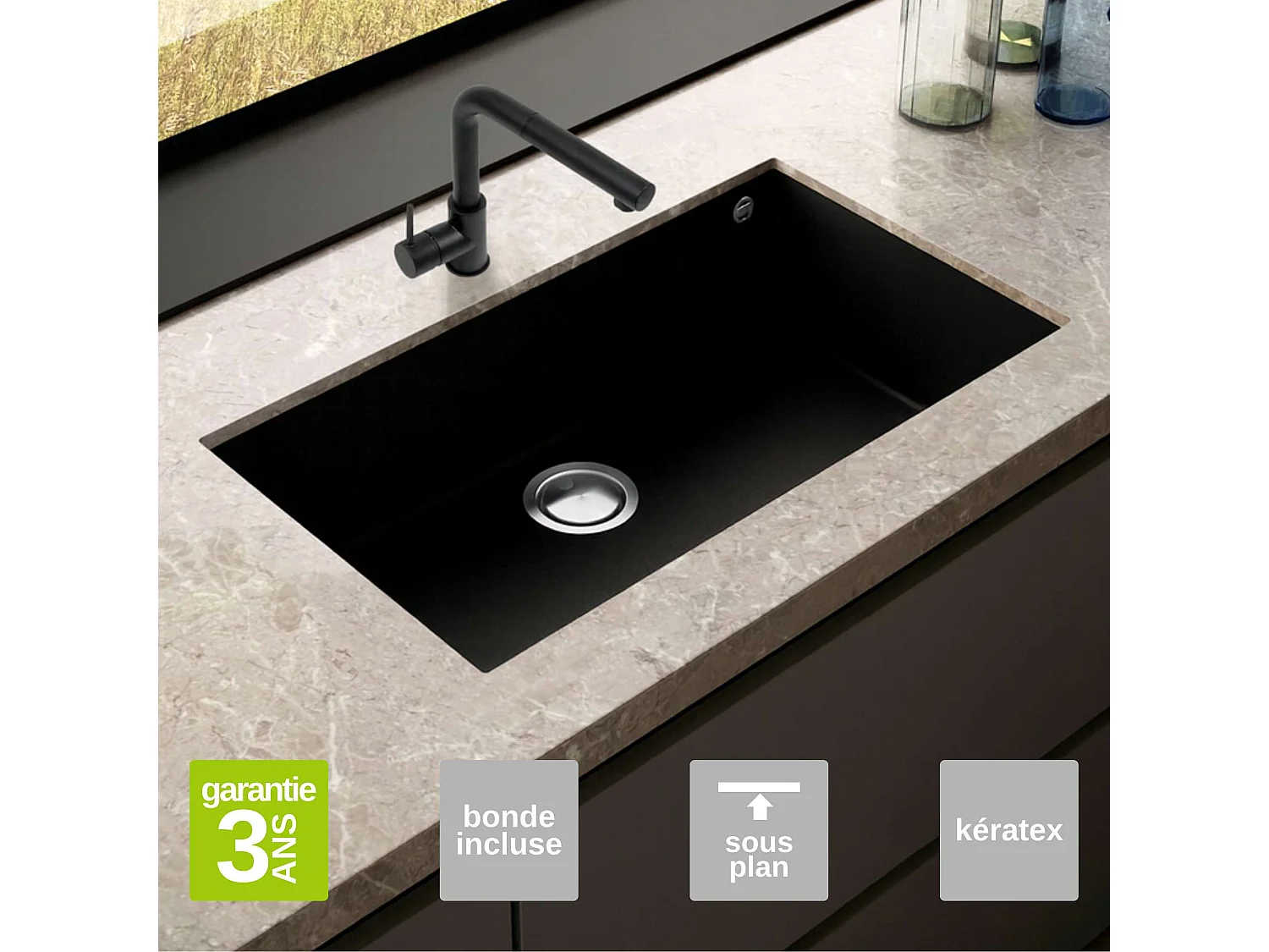 Évier sous-plan 1 Cuve 72x40x20cm R5mm - Quartz Noir Mat -  Kera BE FRÉCAN