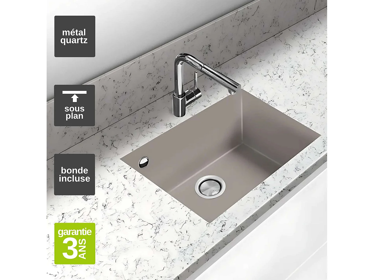 Évier sous-plan 1 Cuve 49x40x20cm R5mm - Quartz Tartufe -  Quadra BE FRÉCAN