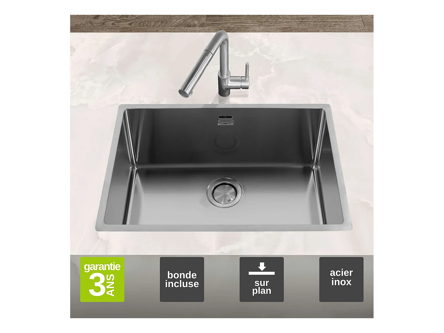 Évier à encastrer 1 Cuve 60x40x20cm R10mm - Acier inox 18/10 -  Ampla FRÉCAN