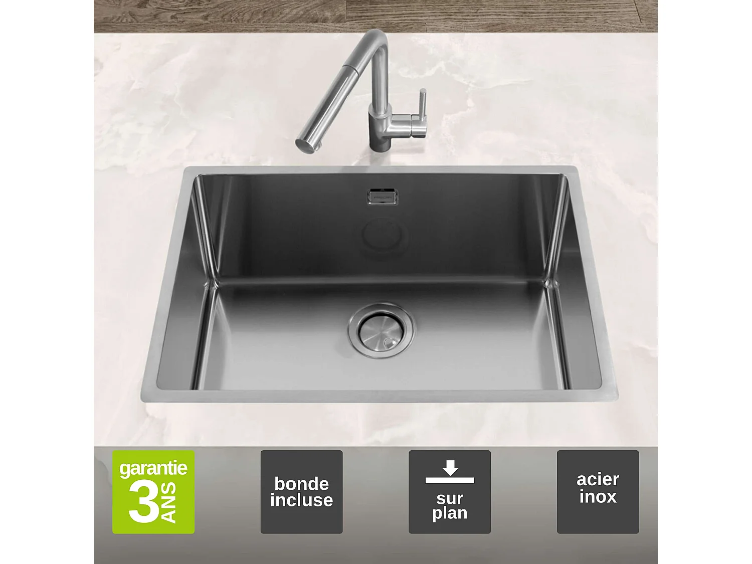 Évier à encastrer 1 Cuve 60x40x20cm R10mm - Acier inox 18/10 -  Ampla FRÉCAN