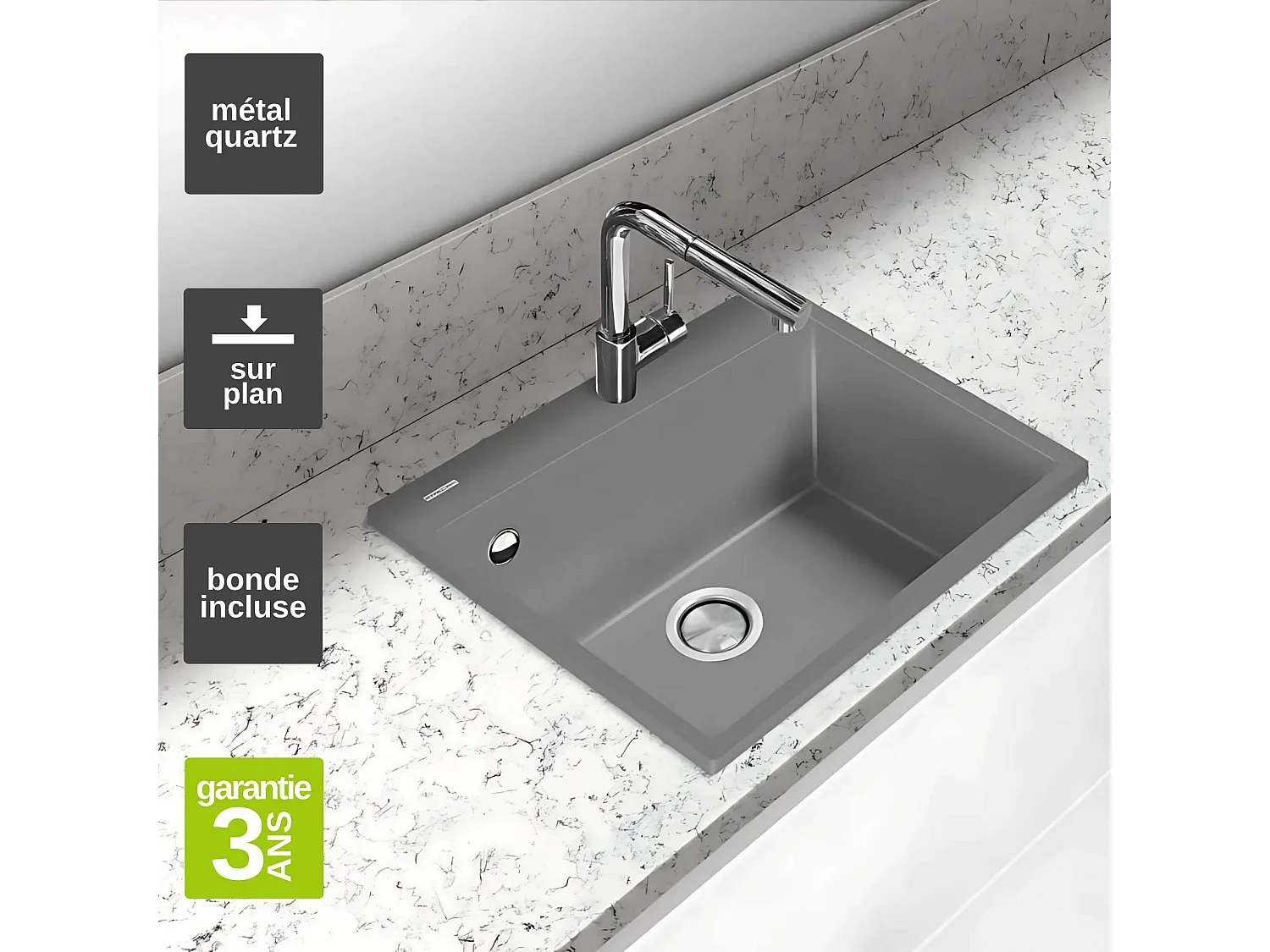 Évier à encastrer 1 Cuve 49x40x20cm - Quartz Titanium -  Quadra SE FRÉCAN