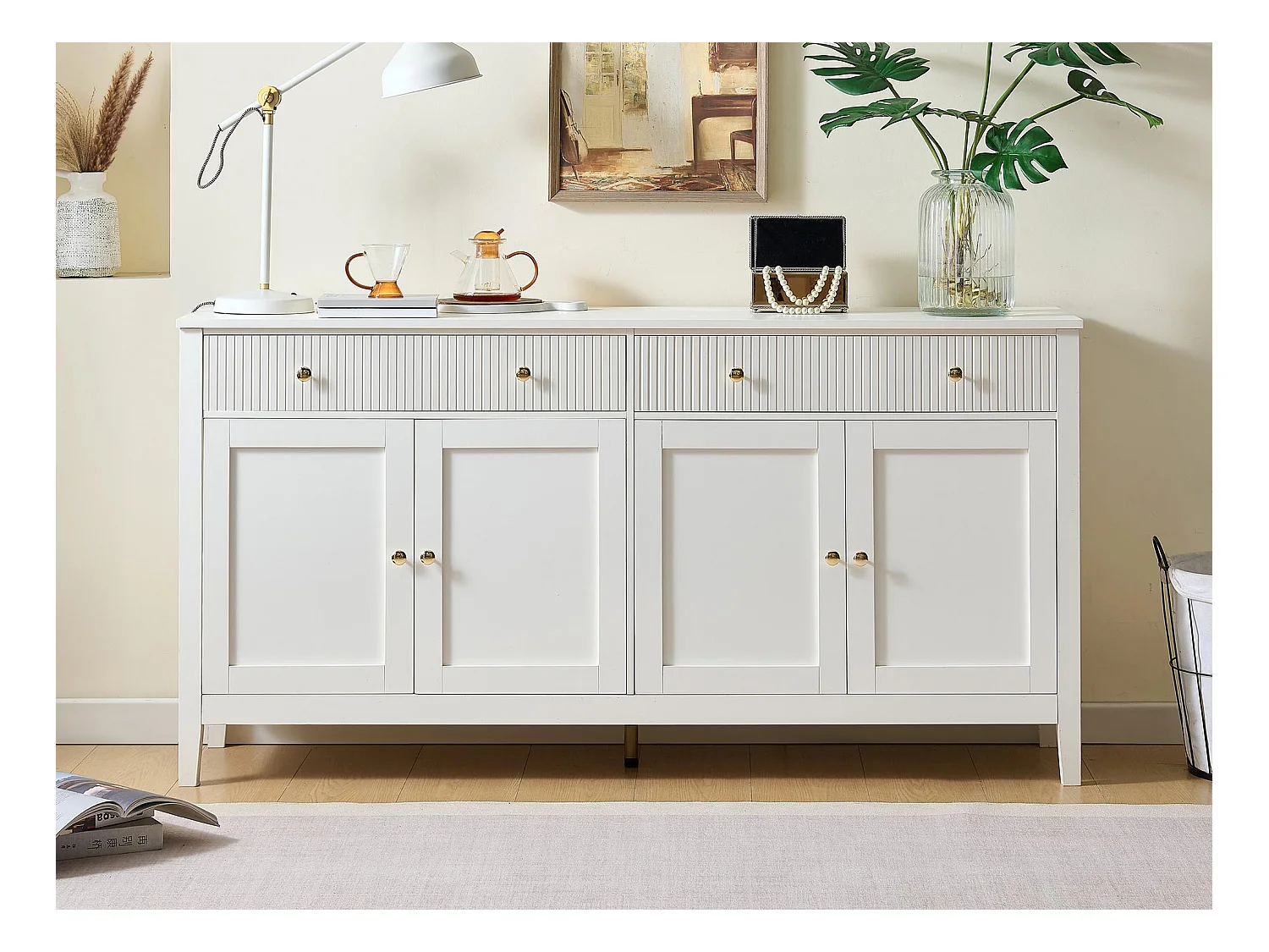 Buffet moderne 162x40x80 cm - avec 4 portes - MDF + panneaux de particules - Blanc