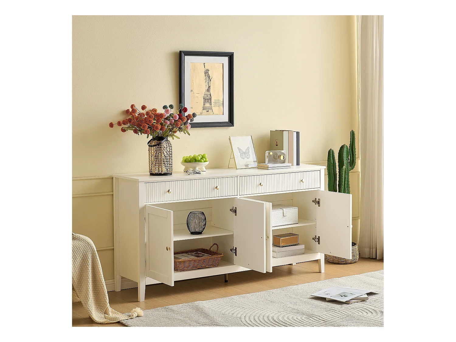 Buffet moderne 162x40x80 cm - avec 4 portes - MDF + panneaux de particules - Blanc
