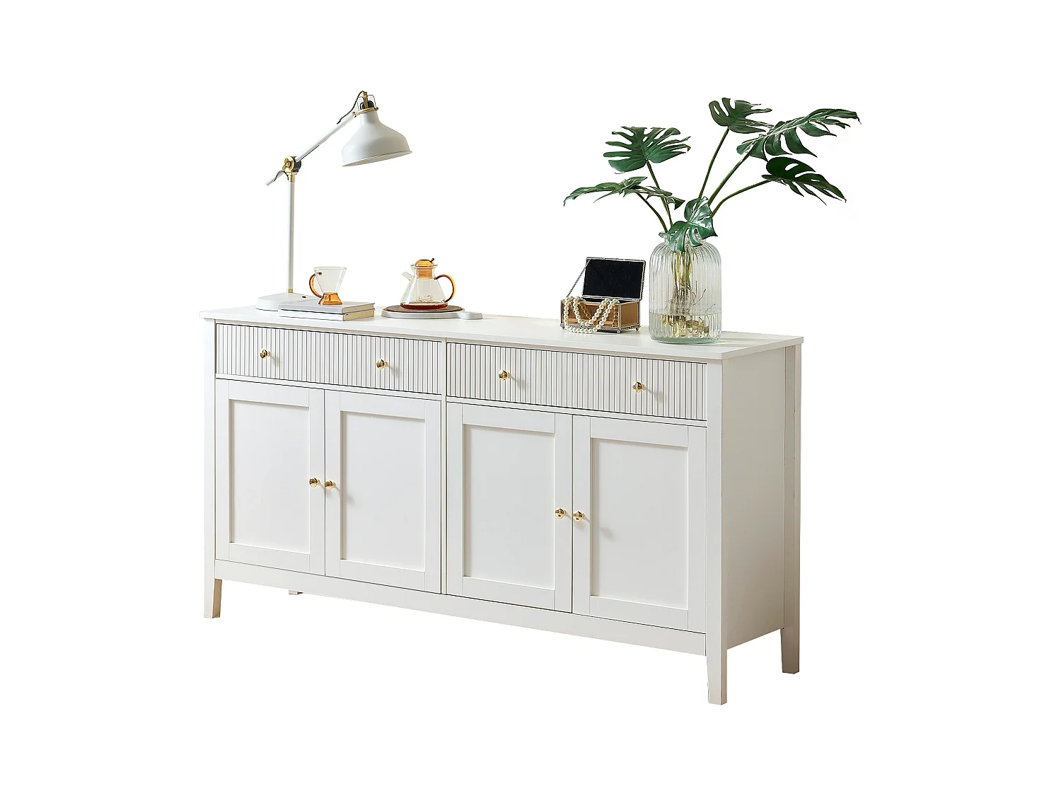 Buffet moderne 162x40x80 cm - avec 4 portes - MDF + panneaux de particules - Blanc