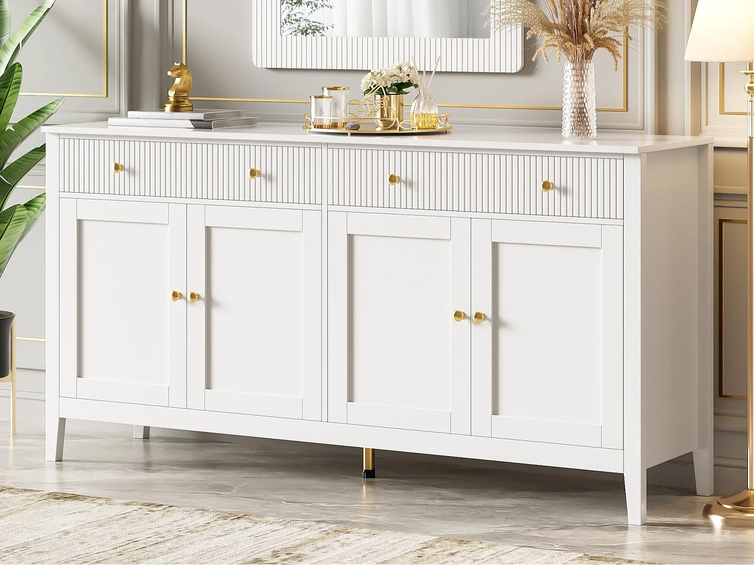 Modern sideboard 160x40x82 cm - with 4 doors - MDF + particleboard - White
