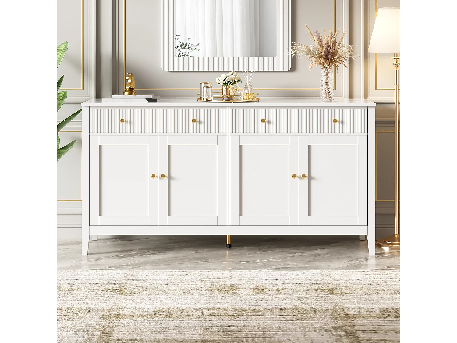 Modern sideboard 160x40x82 cm - with 4 doors - MDF + particleboard - White
