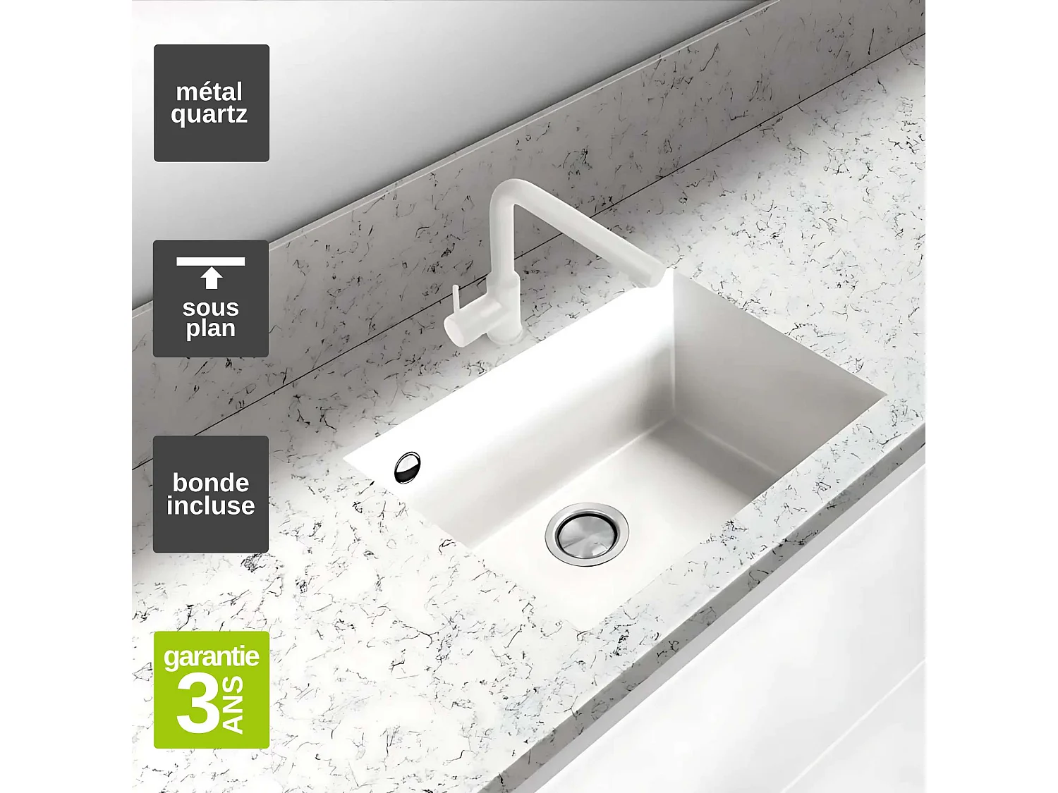 Évier sous-plan 1 Cuve 69x40x20cm R5mm - Quartz Blanc -  Quadra BE FRÉCAN